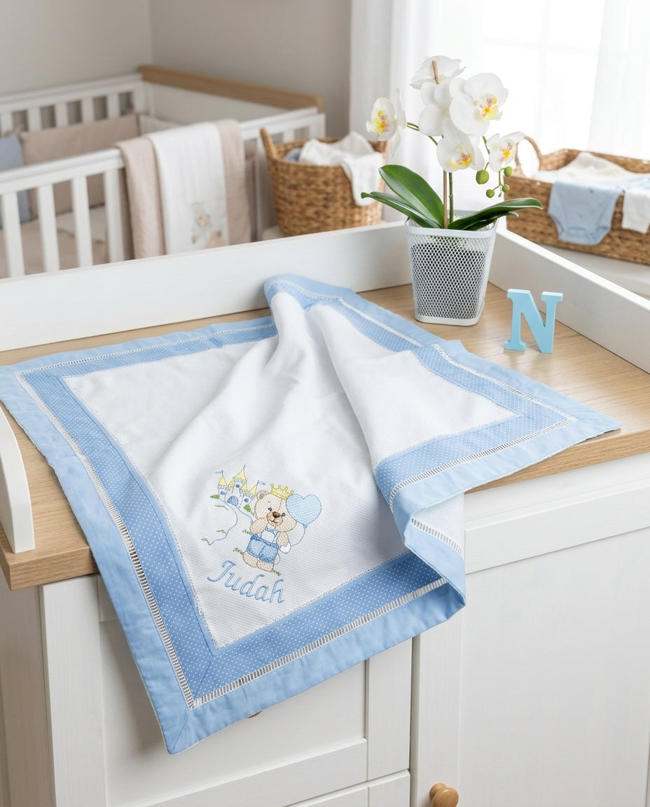 Personalized Embroidered Prince Bear Baby Boy Blanket – Luxury Piquet & Minky Dot