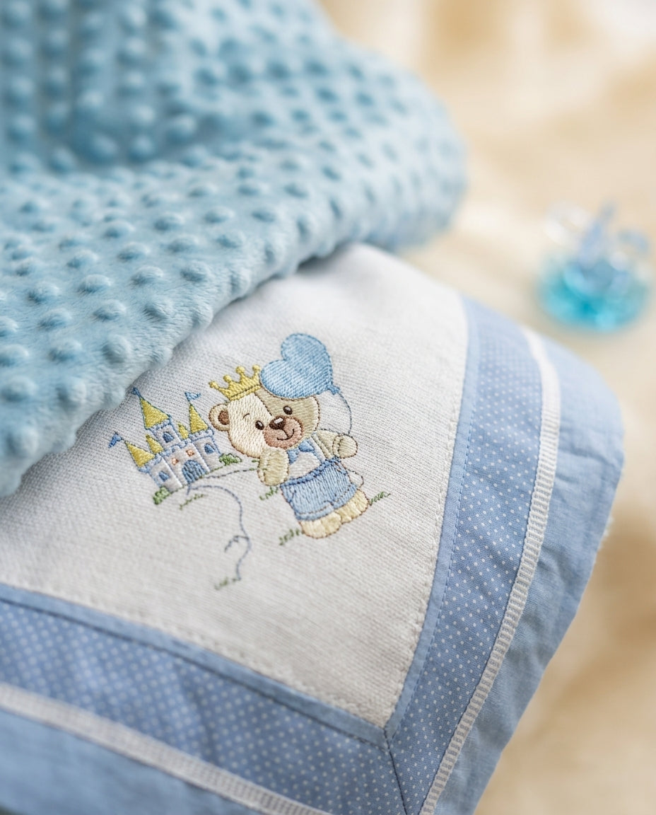 Personalized Embroidered Prince Bear Baby Boy Blanket – Luxury Piquet & Minky Dot