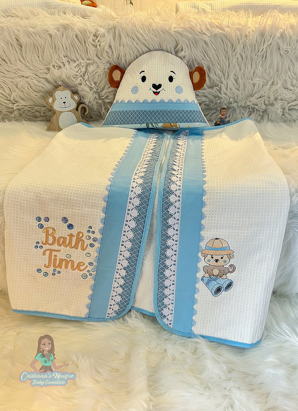 Personalized Monkey Hooded Towel Set, Embroidered Baby Shower Gift