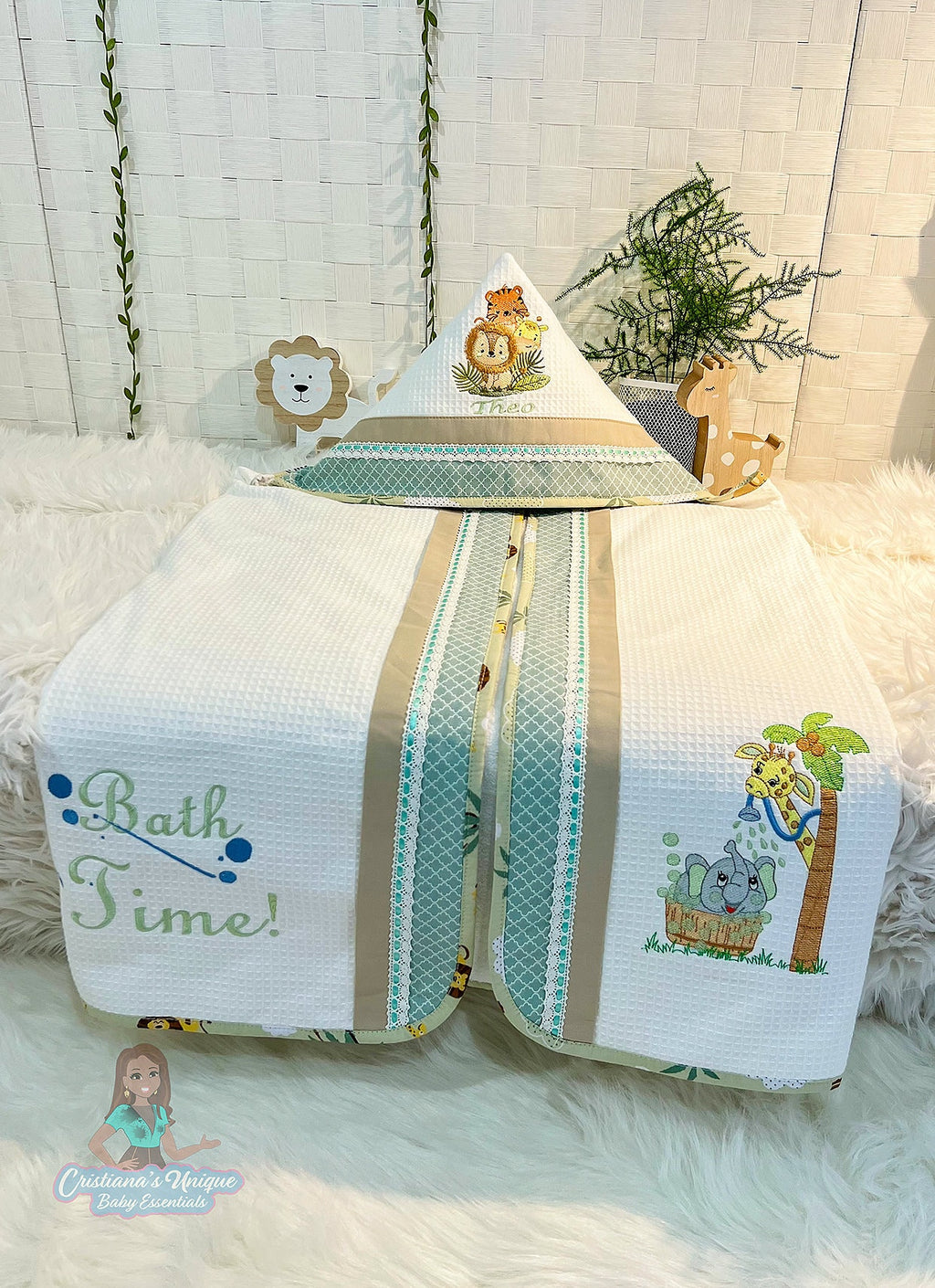 Personalized Safari Baby Bathrobe Hooded Towel Set, Custom Embroidered Shower Gift