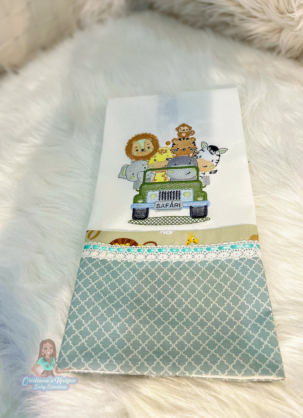Personalized Safari Embroidered Burp Cloth: 100% Cotton Baby Essential Set