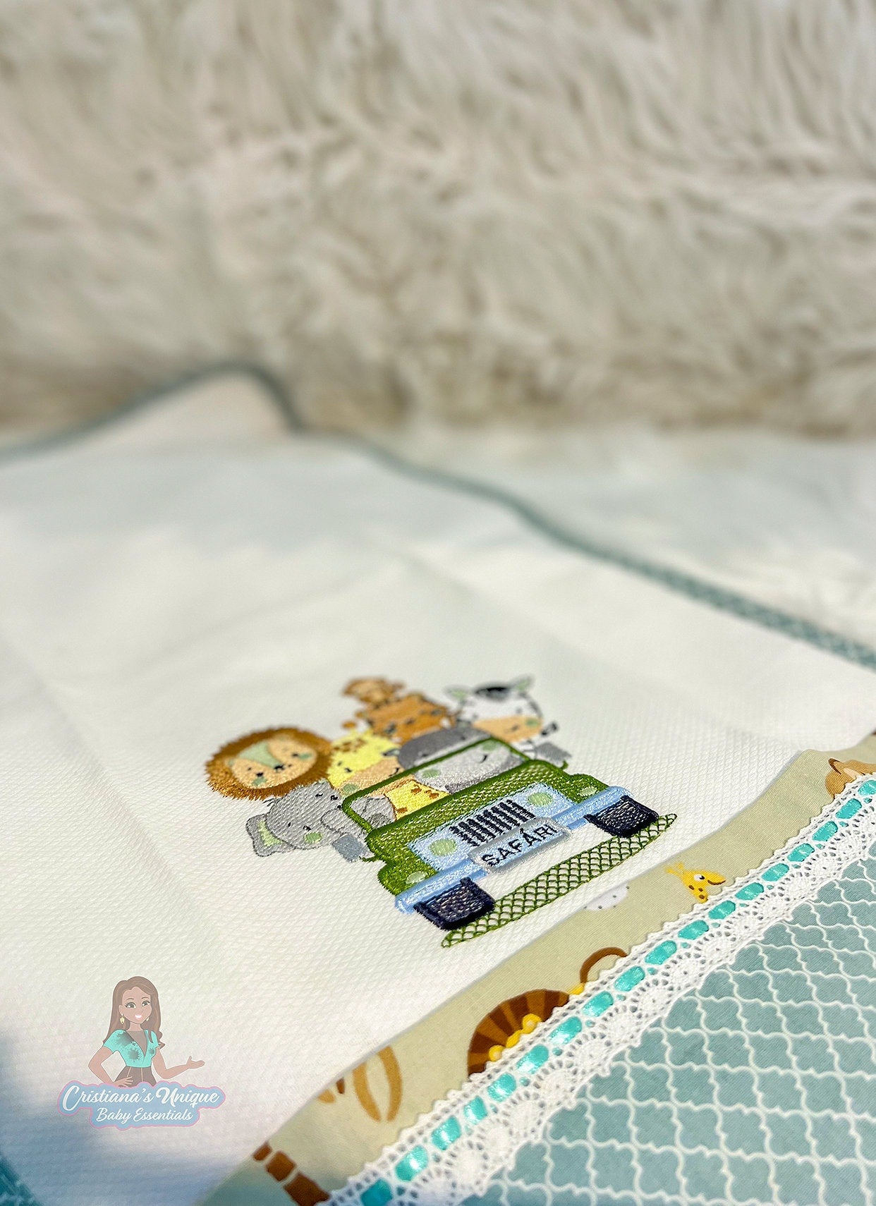 Personalized Safari Embroidered Burp Cloth: 100% Cotton Baby Essential Set