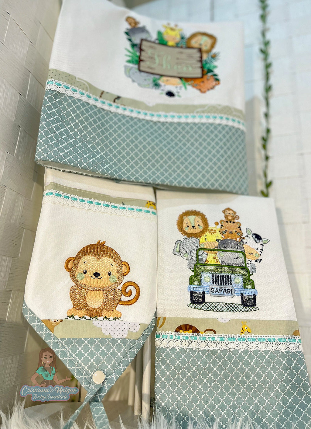Personalized Safari Embroidered Burp Cloth: 100% Cotton Baby Essential Set