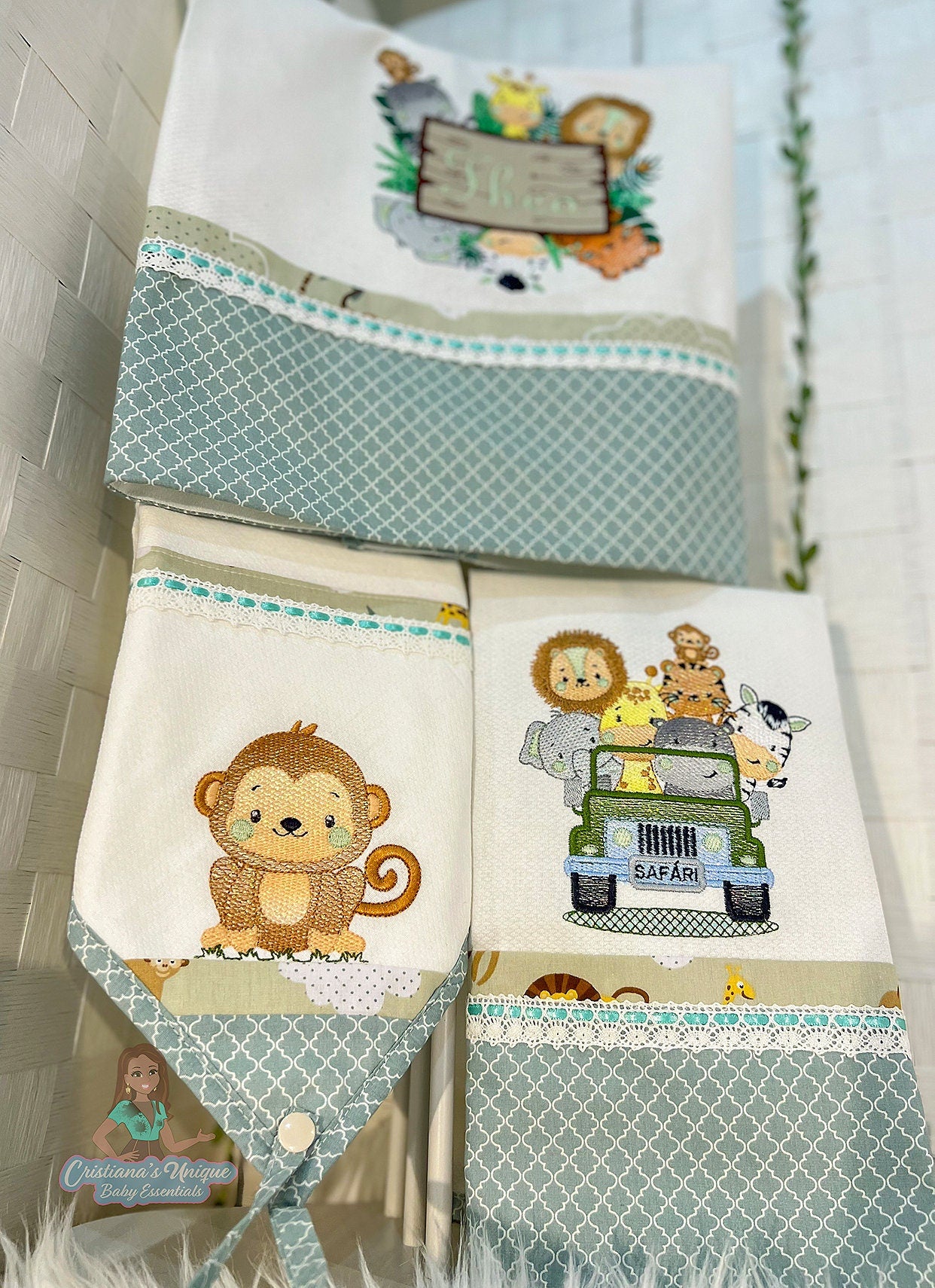 Personalized Safari Embroidered Burp Cloth: 100% Cotton Baby Essential Set