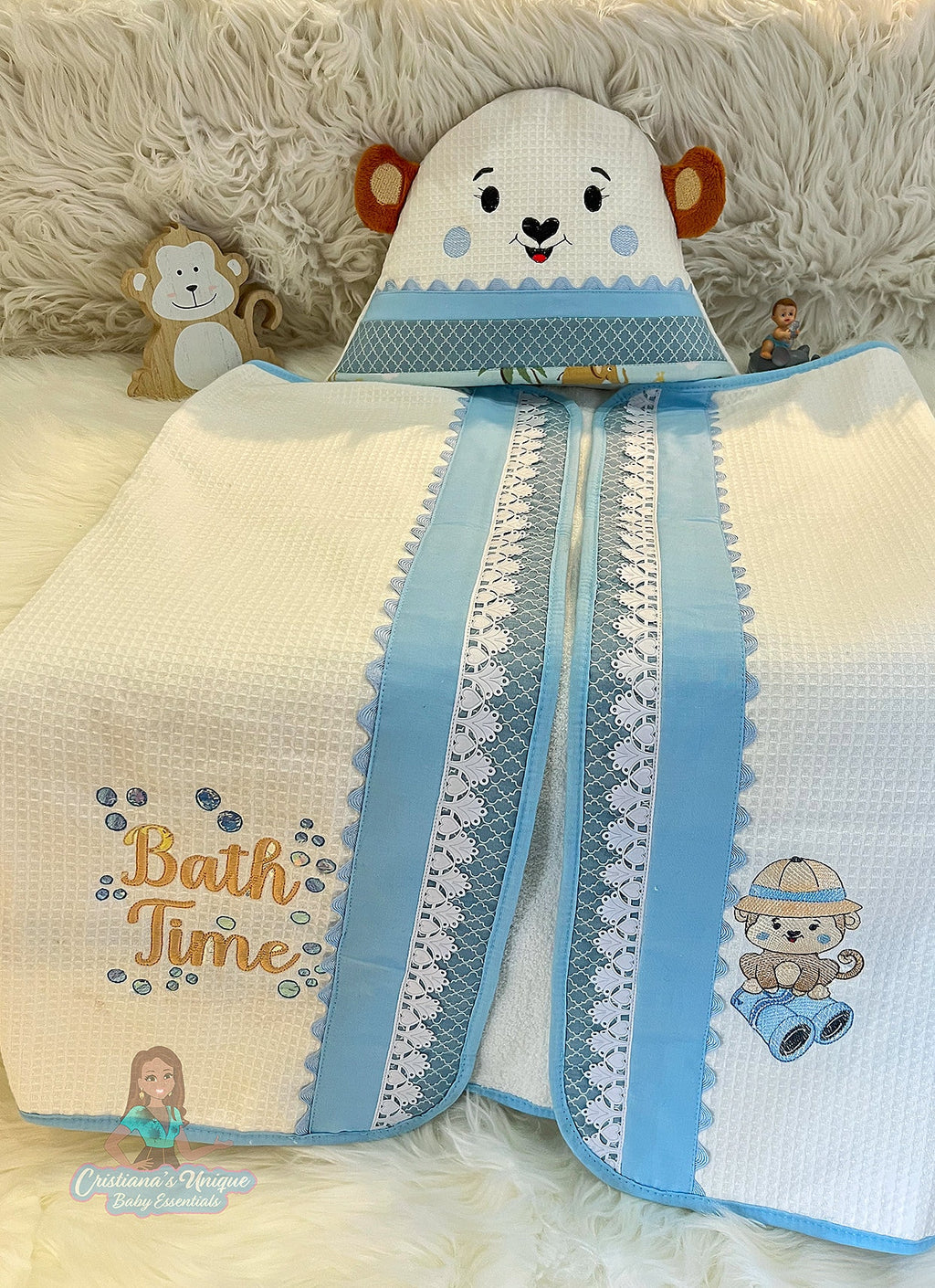 Personalized Monkey Hooded Towel Set, Embroidered Baby Shower Gift