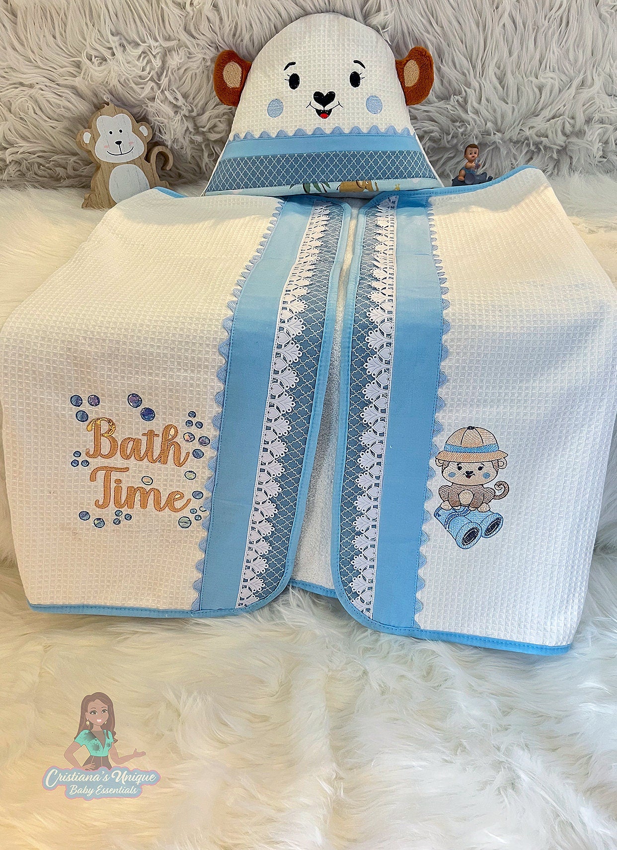 Personalized Monkey Hooded Towel Set, Embroidered Baby Shower Gift