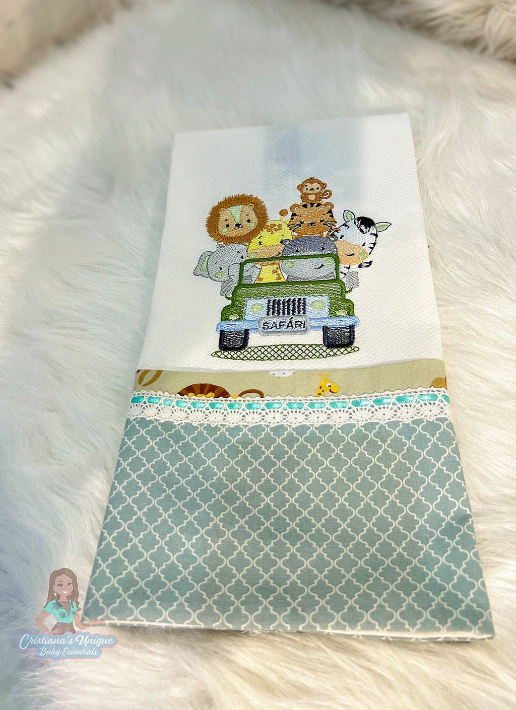 Personalized Safari Embroidered Burp Cloth: 100% Cotton Baby Essential Set