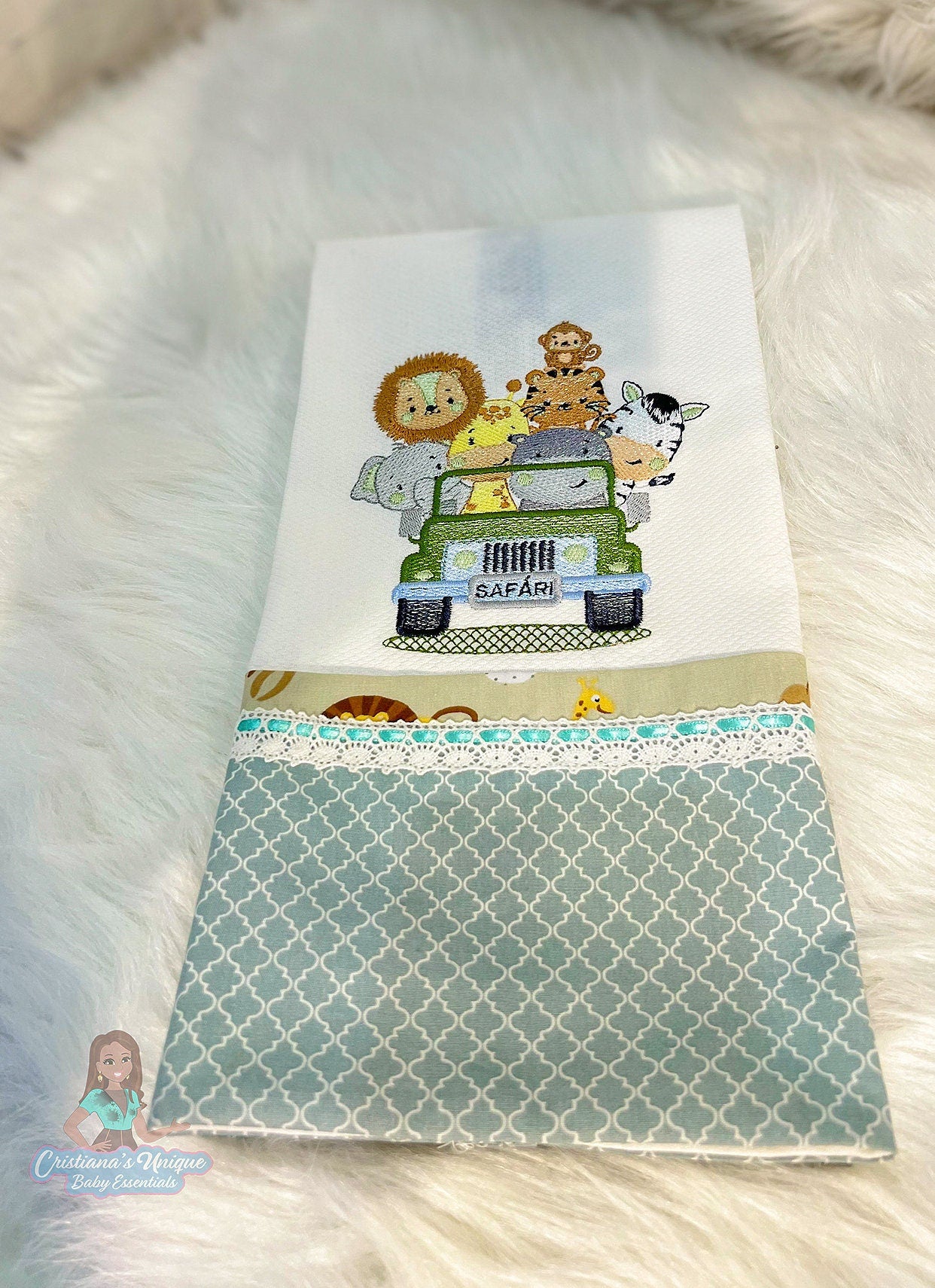 Personalized Safari Embroidered Burp Cloth: 100% Cotton Baby Essential Set