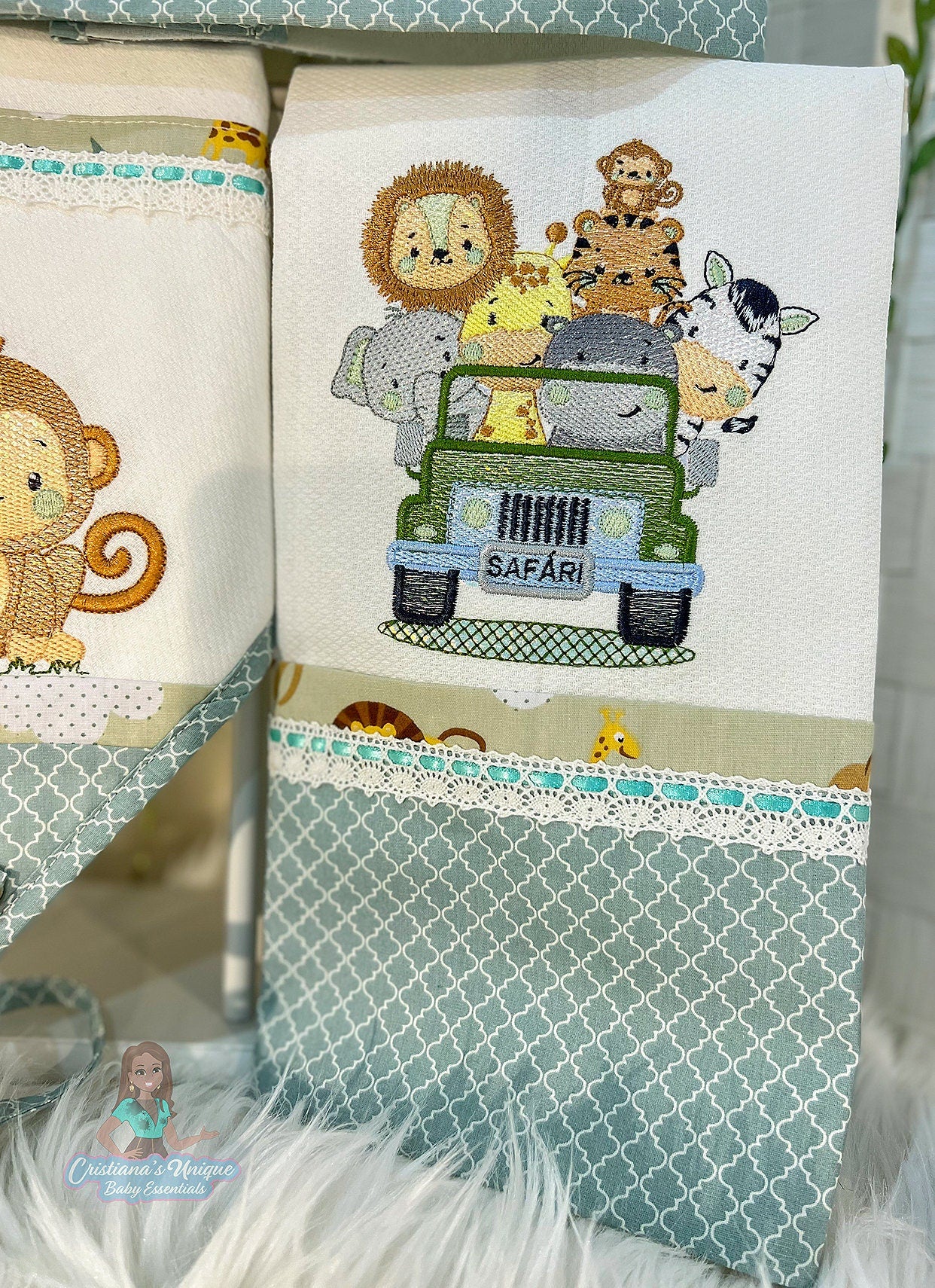 Personalized Safari Embroidered Burp Cloth: 100% Cotton Baby Essential Set