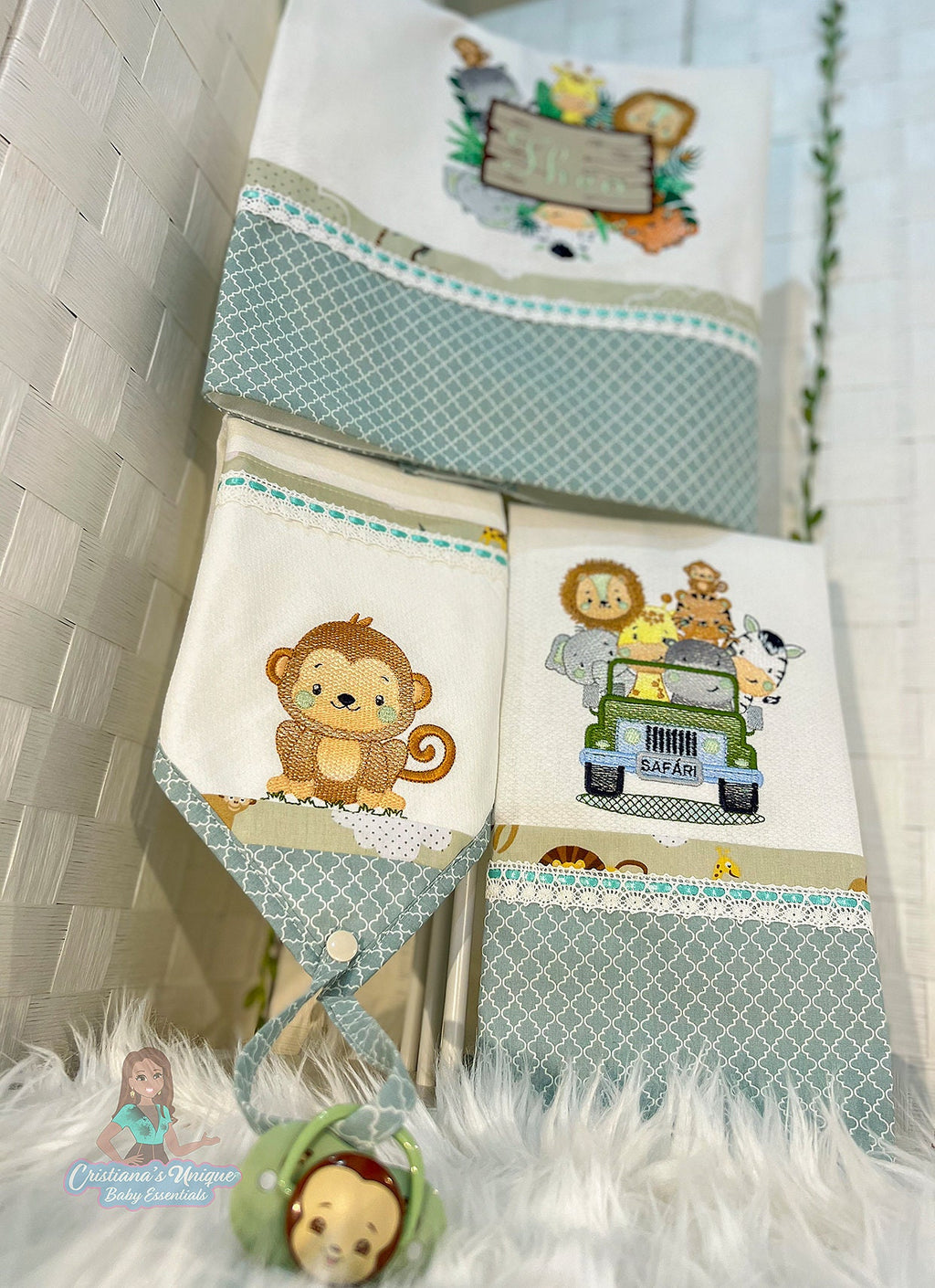 Personalized Safari Embroidered Burp Cloth: 100% Cotton Baby Essential Set