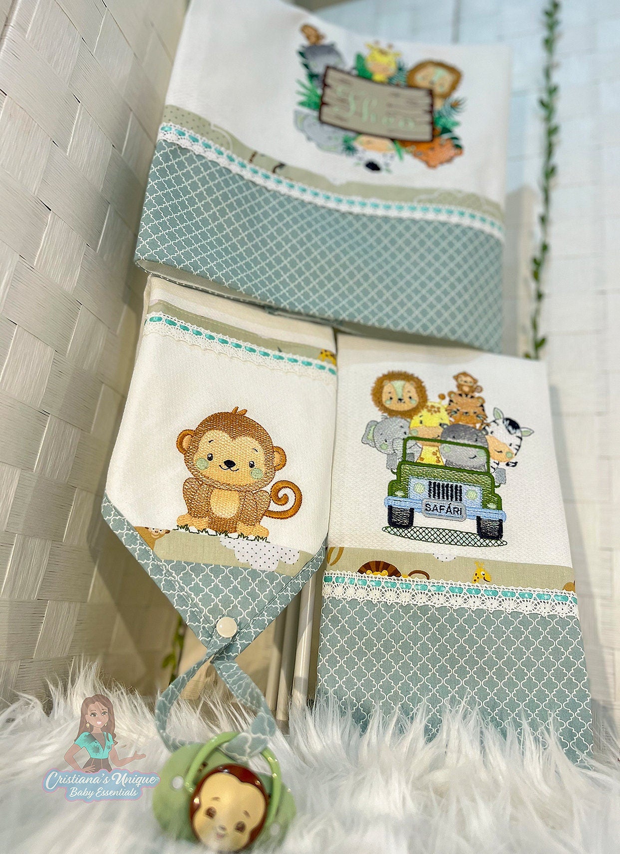Personalized Safari Embroidered Burp Cloth: 100% Cotton Baby Essential Set