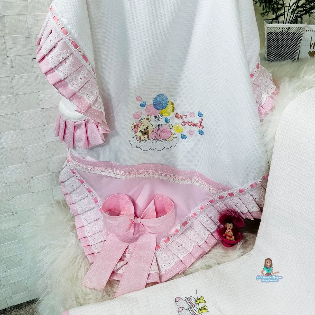 Customizable Pink Teddy Bear Baby Blanket: 100% Cotton Tricoline, Piqué, Plush Fabric