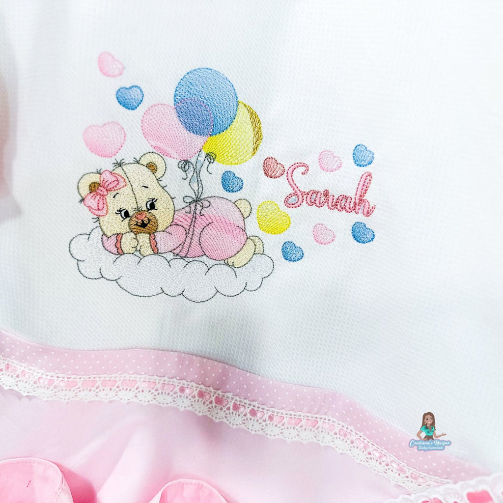 Customizable Pink Teddy Bear Baby Blanket: 100% Cotton Tricoline, Piqué, Plush Fabric