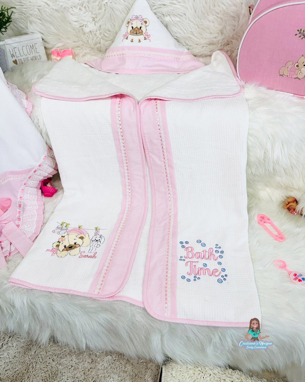Pink Teddy Bear Hooded Bath Towel