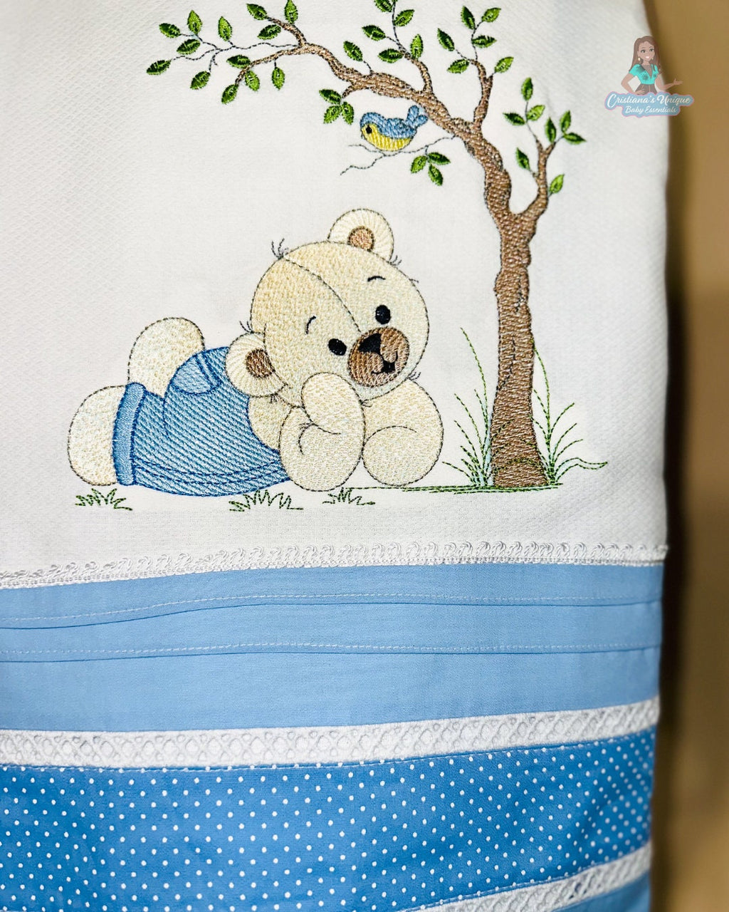 Personalized Embroidered Burp Cloth: 100% Cotton Baby Essential, Floral Design, Soft White/Blue Bear Kit