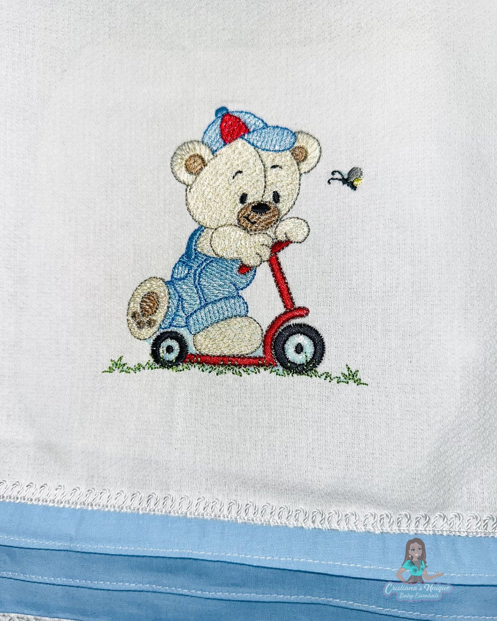 Personalized Embroidered Burp Cloth: 100% Cotton Baby Essential, Floral Design, Soft White/Blue Bear Kit