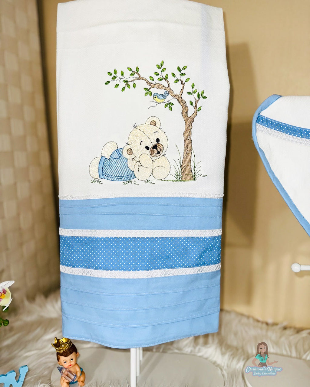 Personalized Embroidered Burp Cloth: 100% Cotton Baby Essential, Floral Design, Soft White/Blue Bear Kit