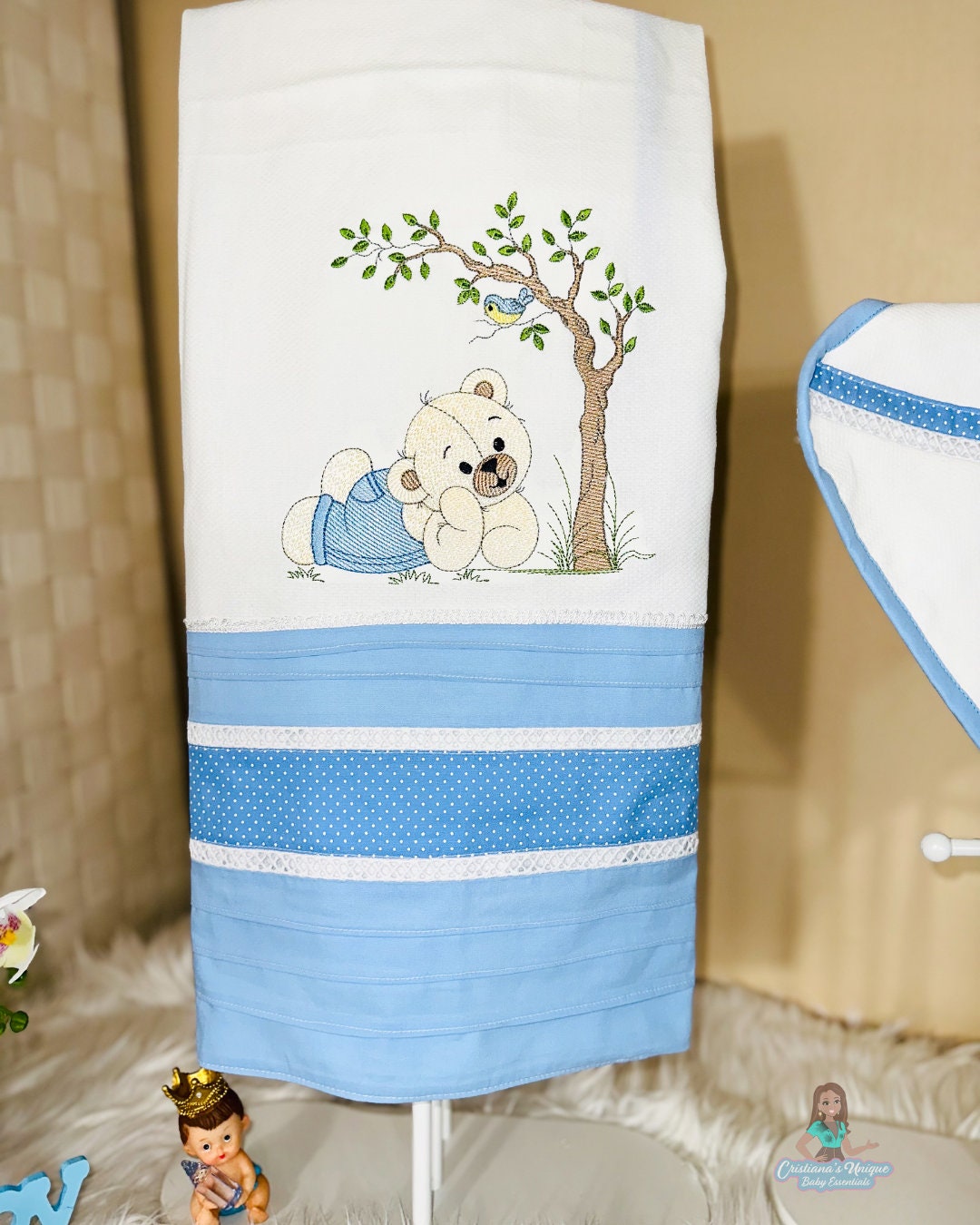 Personalized Embroidered Burp Cloth: 100% Cotton Baby Essential, Floral Design, Soft White/Blue Bear Kit