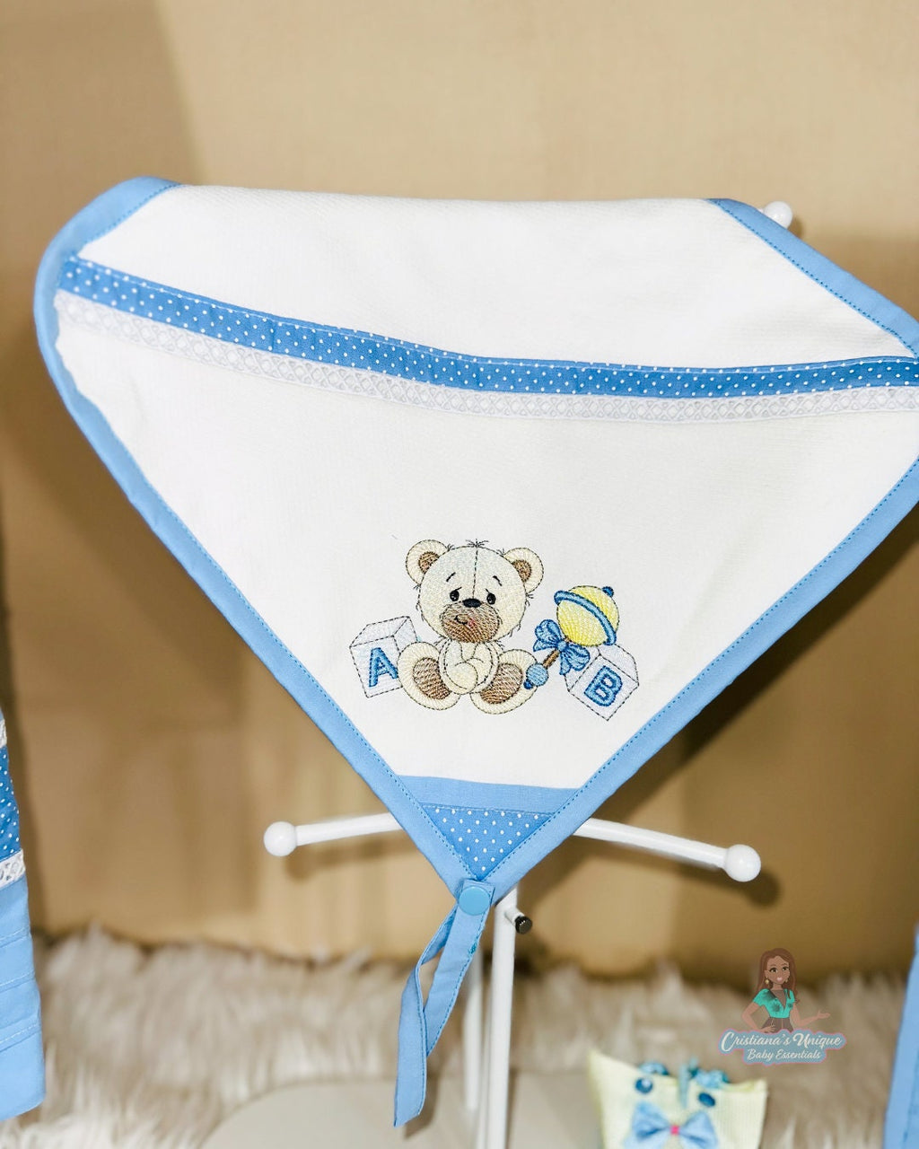 Personalized Embroidered Burp Cloth: 100% Cotton Baby Essential, Floral Design, Soft White/Blue Bear Kit