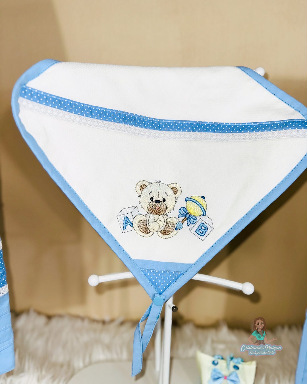 Personalized Embroidered Burp Cloth: 100% Cotton Baby Essential, Floral Design, Soft White/Blue Bear Kit
