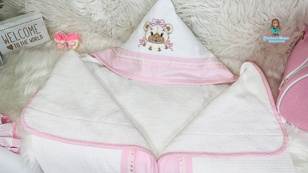 Pink Teddy Bear Hooded Bath Towel