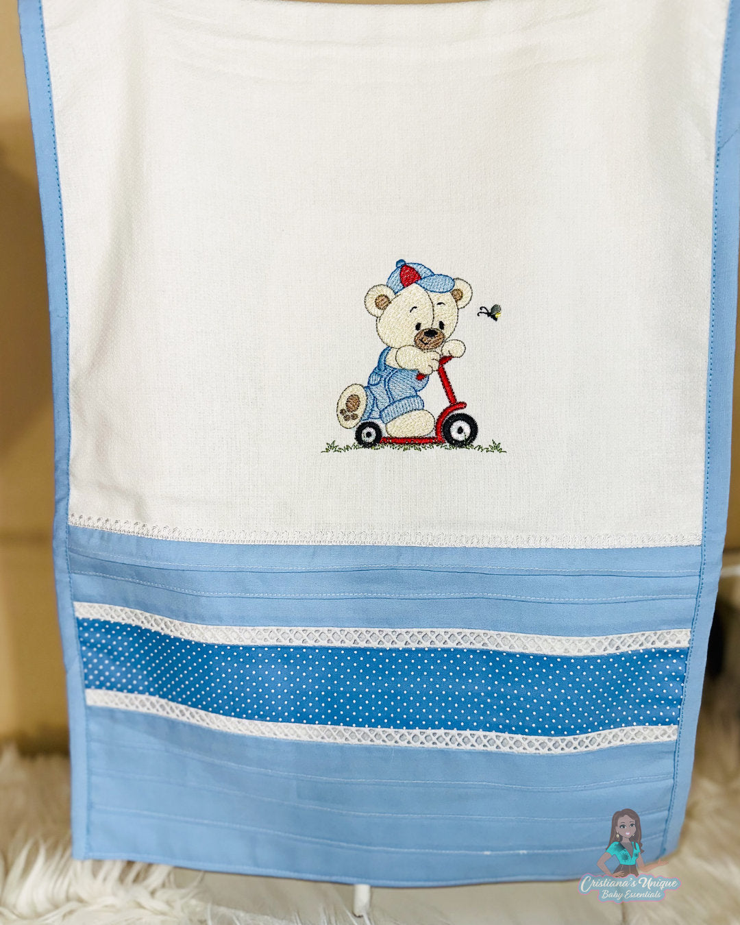 Personalized Embroidered Burp Cloth: 100% Cotton Baby Essential, Floral Design, Soft White/Blue Bear Kit
