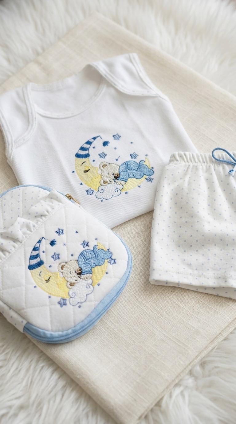 Personalized Embroidered Sleepy Bear Baby Layette & Keepsake Case Set