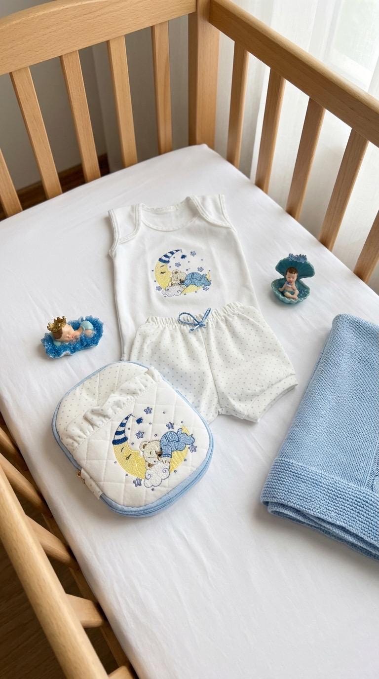 Personalized Embroidered Sleepy Bear Baby Layette & Keepsake Case Set