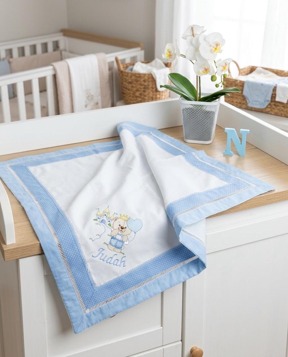 Personalized Embroidered Prince Bear Baby Boy Blanket – Luxury Piquet & Minky Dot